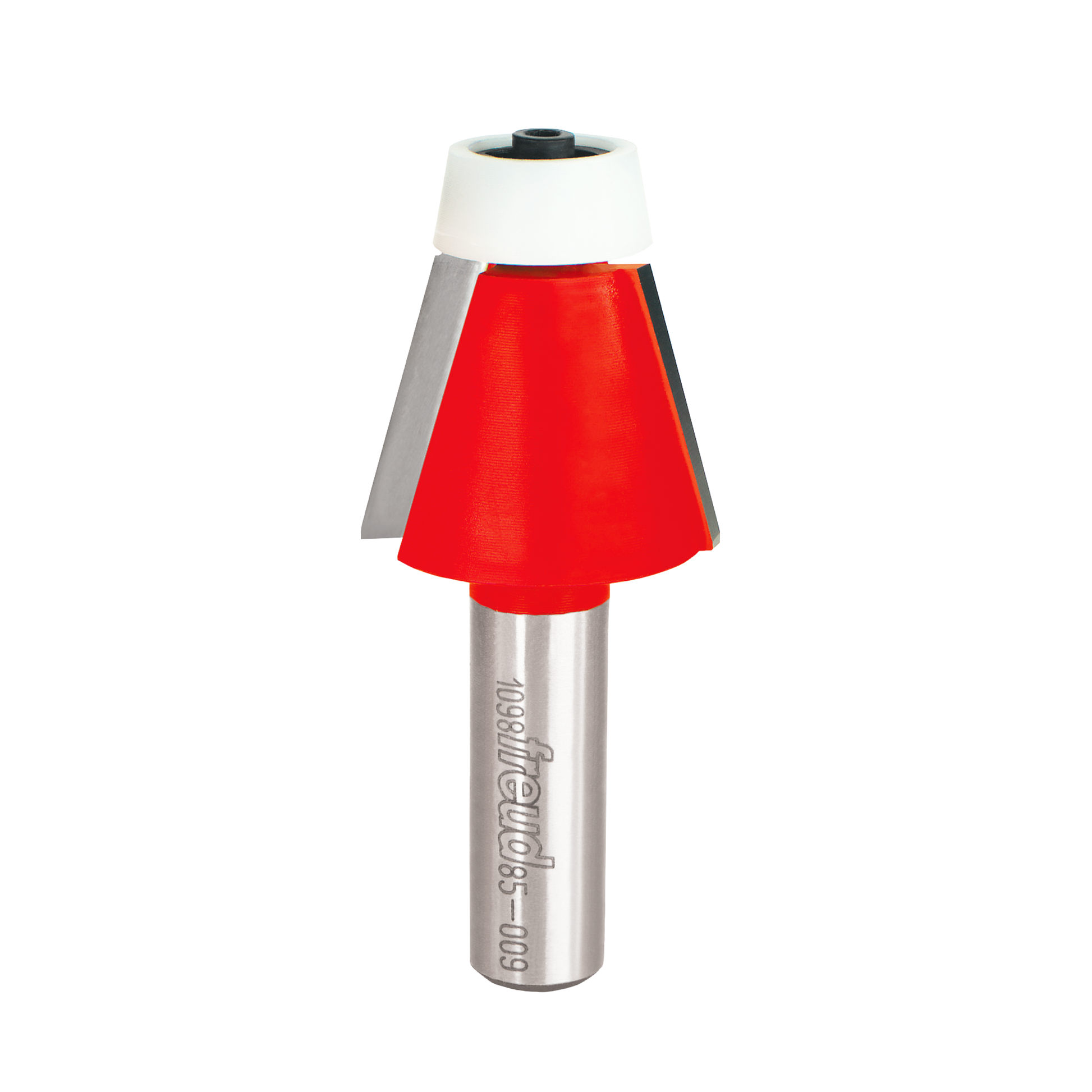 Freud bevel bowl bit with red cutting head, silver shank, white collar, and black top.
