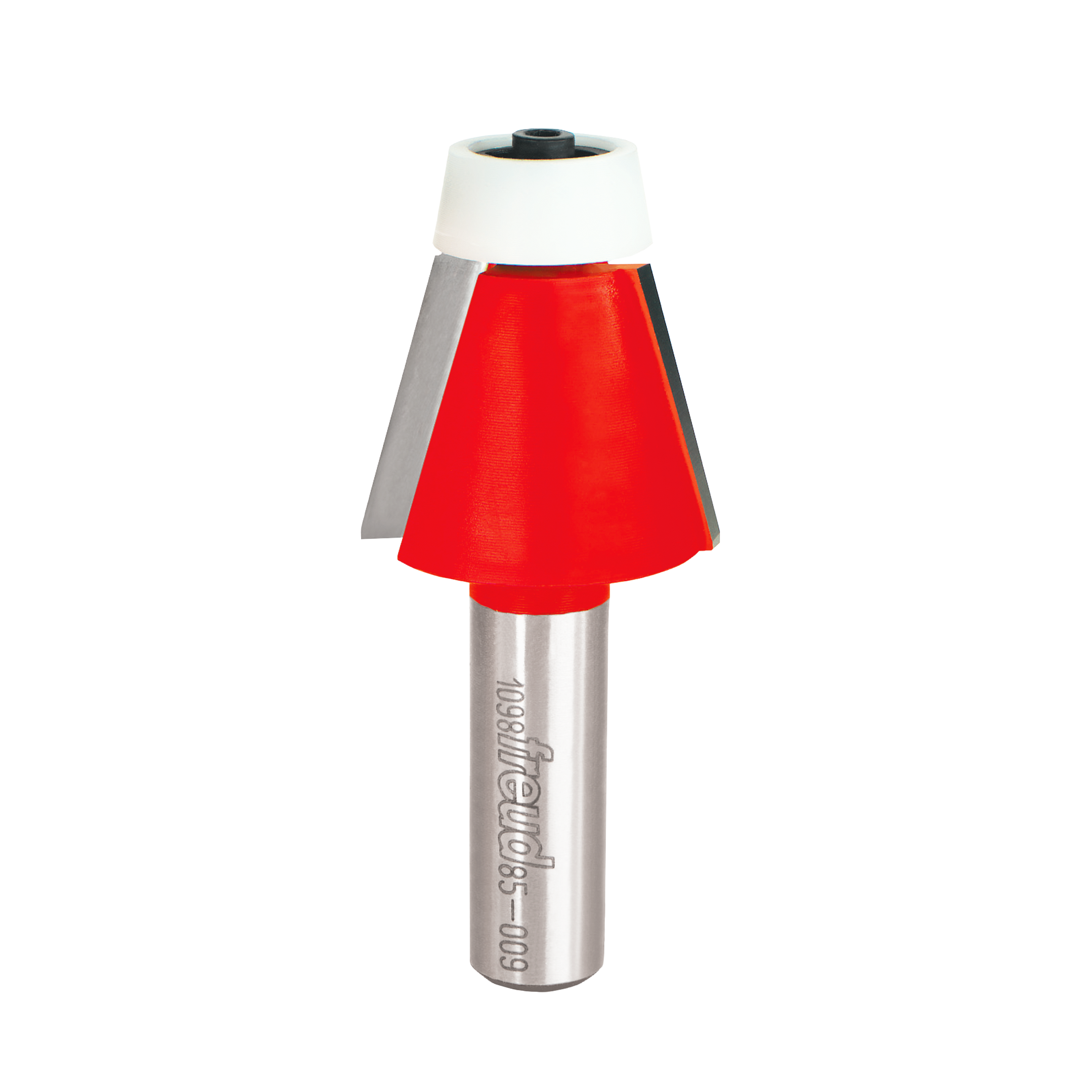 Freud bevel bowl bit with red cutting head, silver shank, white collar, and black top.