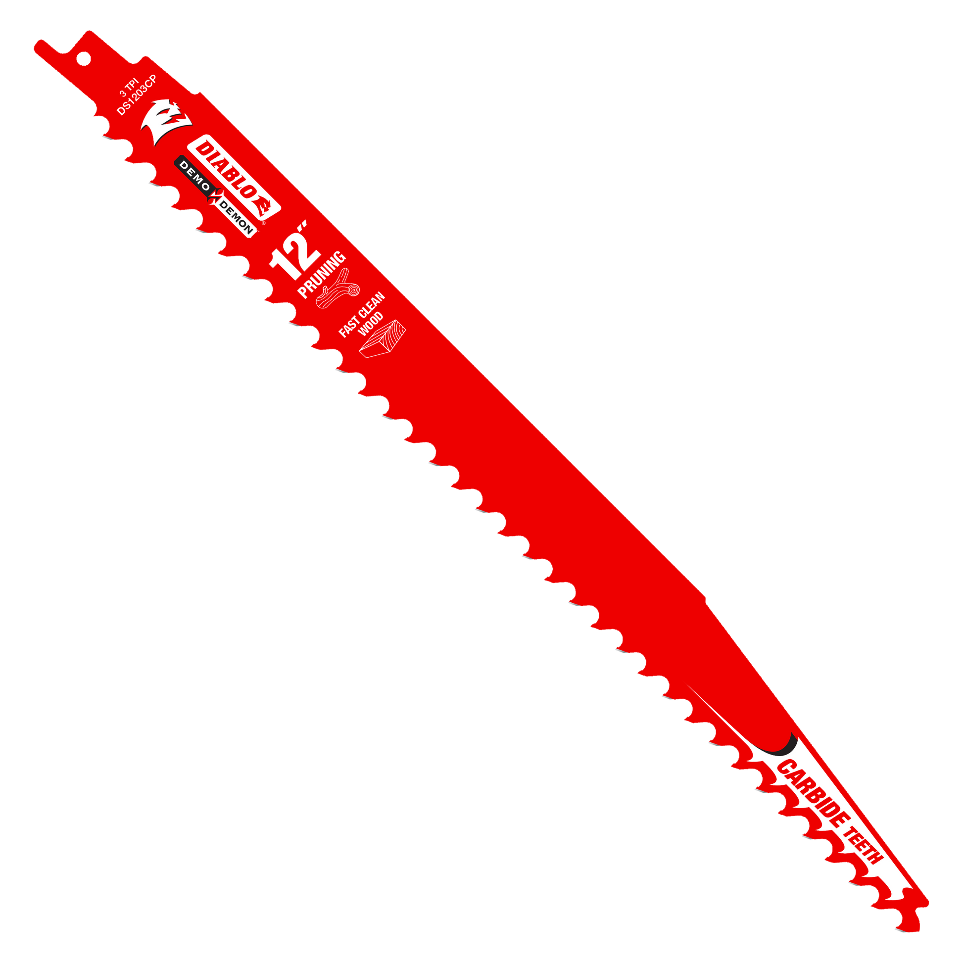 Red Diablo 12-inch carbide-tipped pruning saw blade with serrated cutting edge and mounting tang.