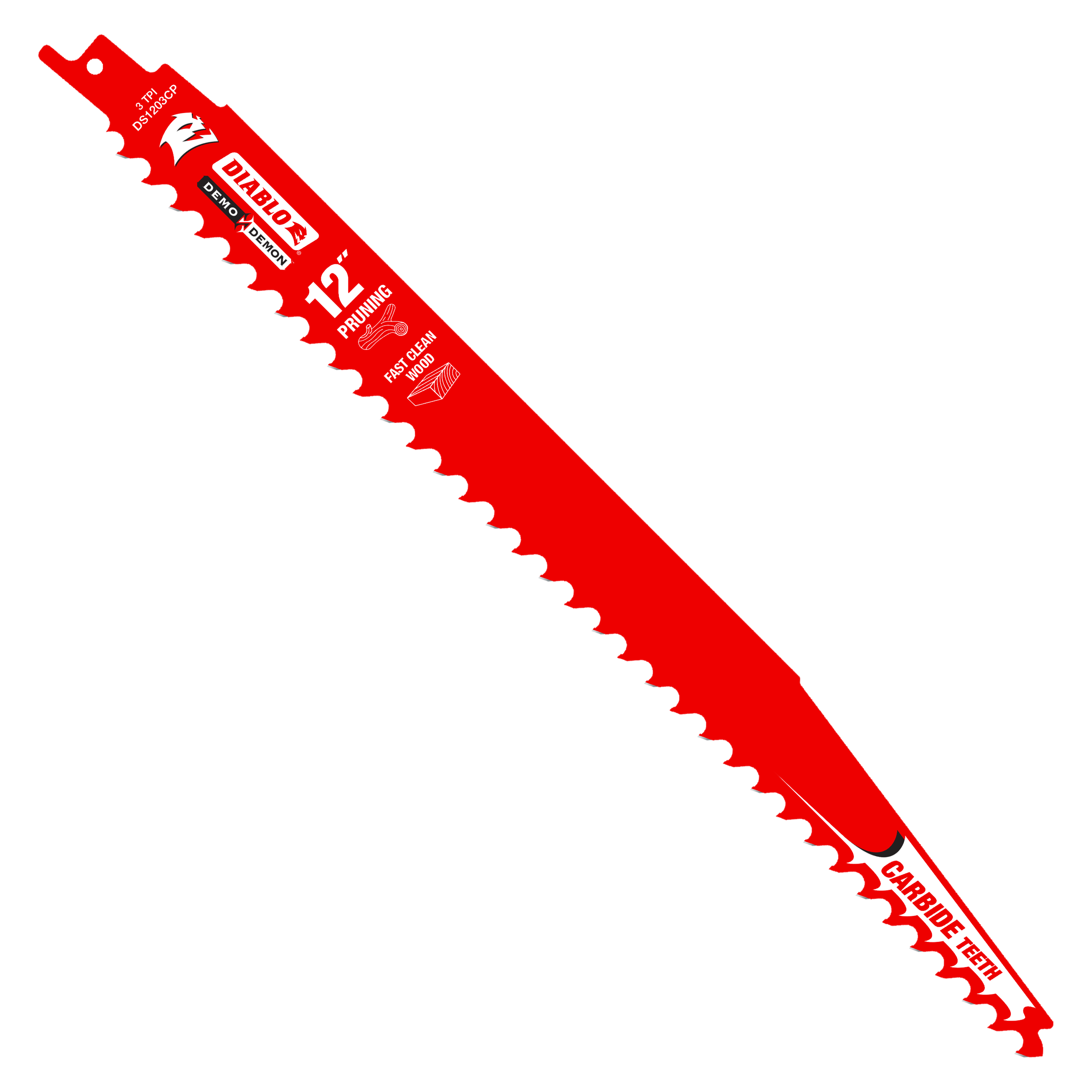 Red Diablo 12-inch carbide tipped reciprocating saw blade with pruning teeth and mounting tang.