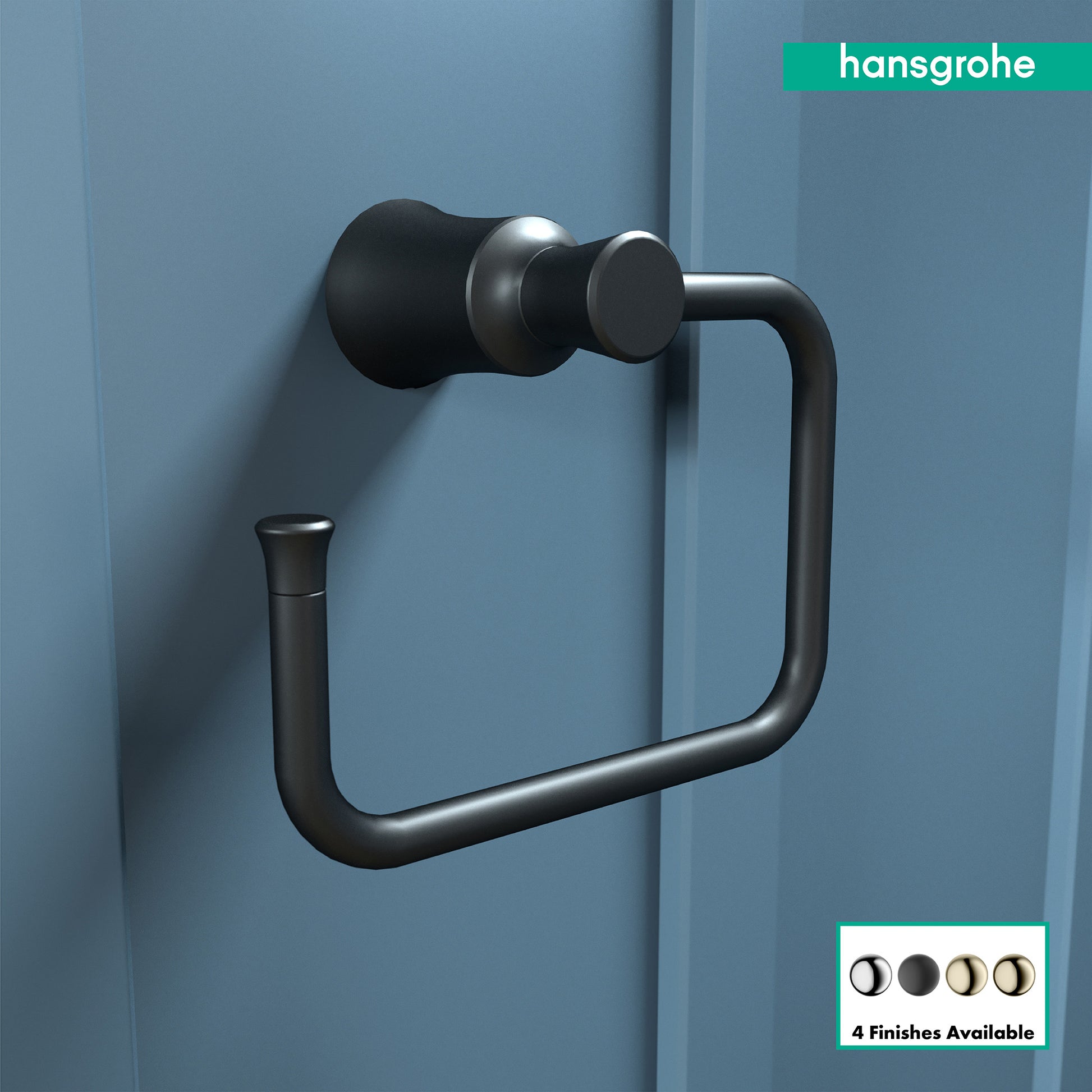 Matte black towel ring mounted on blue wall with circular mounting plate and curved bar design.