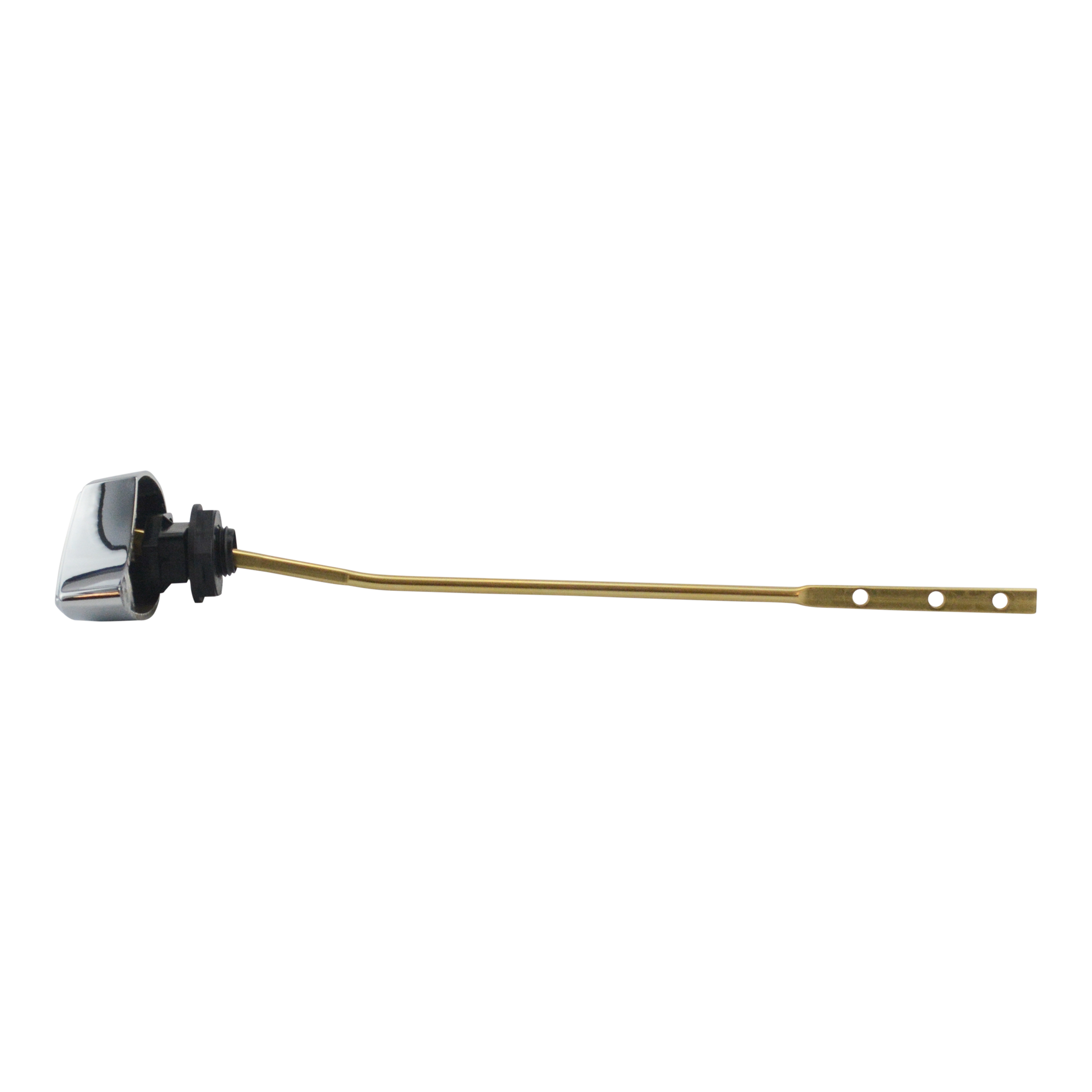 Polished chrome toilet trip lever with brass rod and mounting hardware.