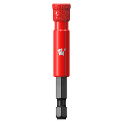 Red diamond grit hole saw with 3/8 inch diameter and hexagonal bit attachment.