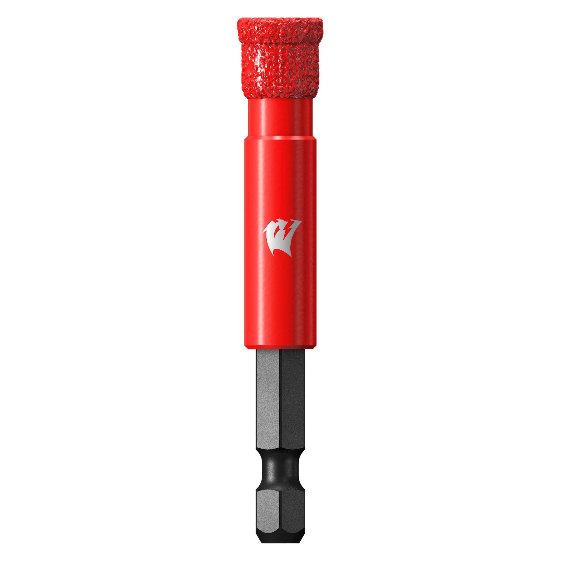 Red diamond grit hole saw with 3/8 inch diameter and hexagonal bit attachment.