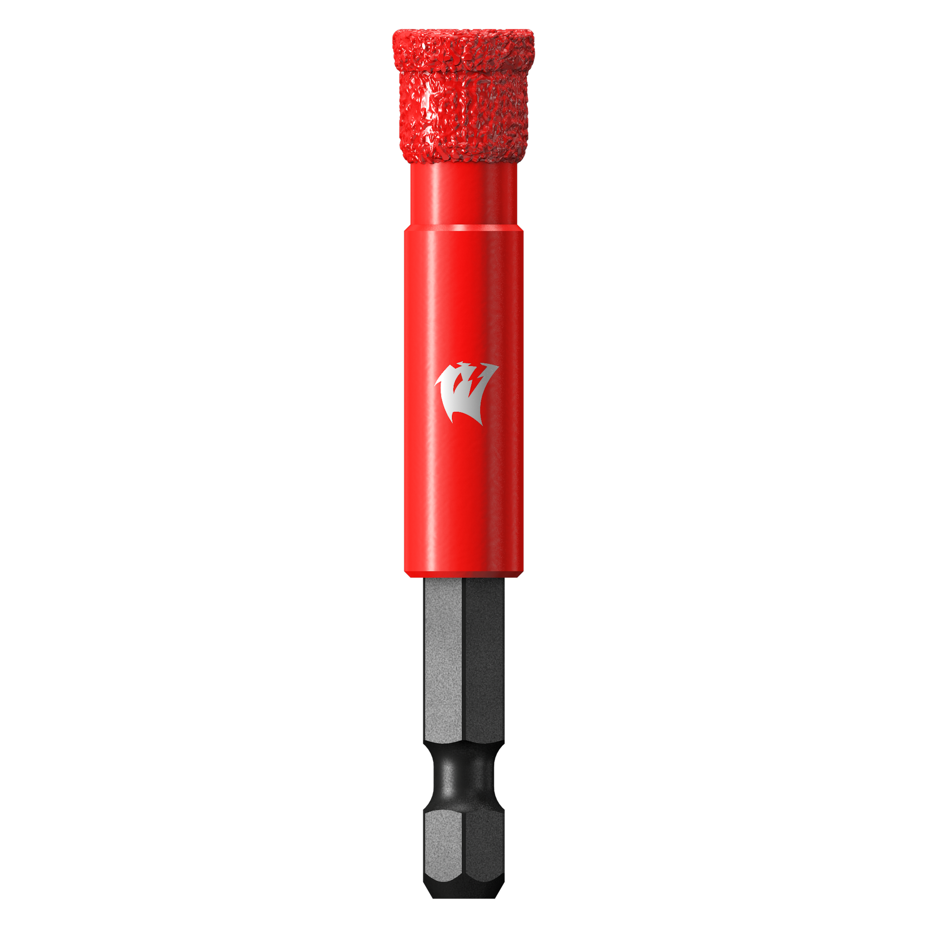 Red diamond grit hole saw with 3/8 inch diameter and hexagonal bit attachment.