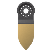 Black and tan oscillating sanding plate with star-shaped center hole and circular perforations around edges.