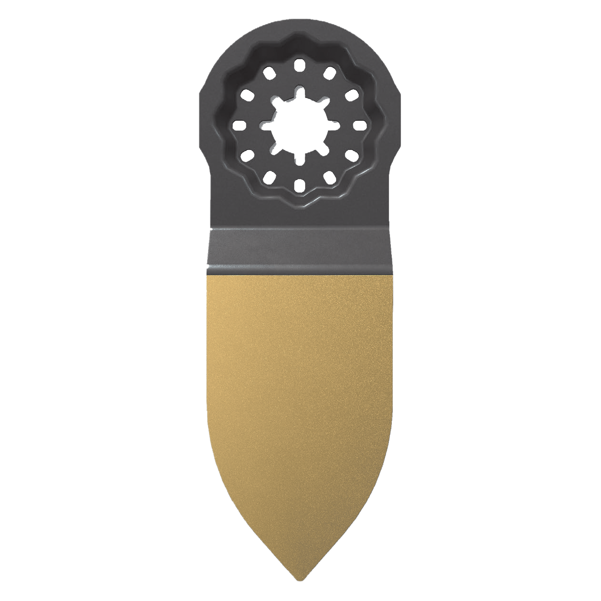 Black and tan oscillating sanding plate with star-shaped center hole and circular perforations around edges.