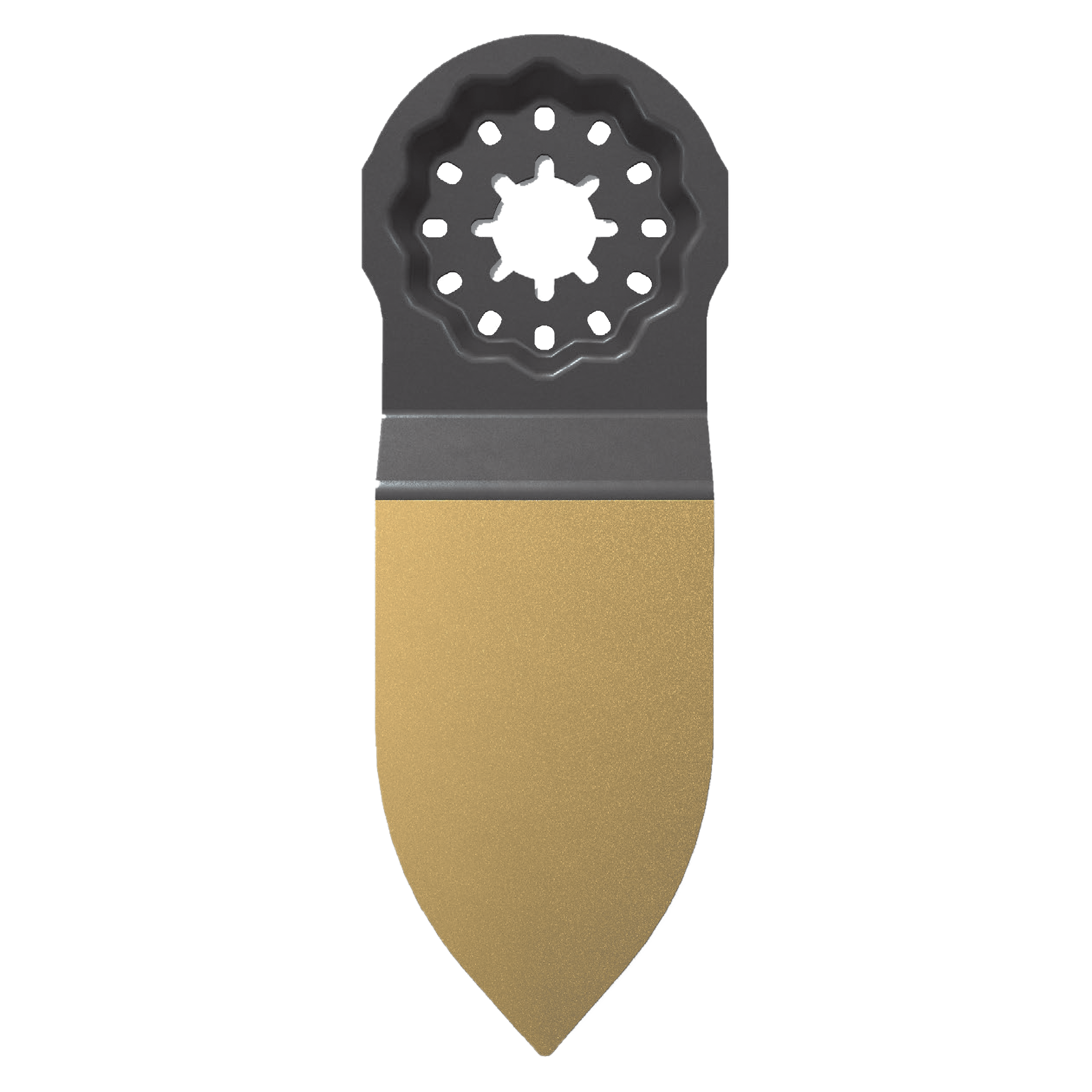 Black and tan oscillating sanding plate with star-shaped center hole and circular perforations around edges.