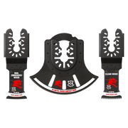 Three black bi-metal oscillating saw blades with serrated edges and universal fit connectors.