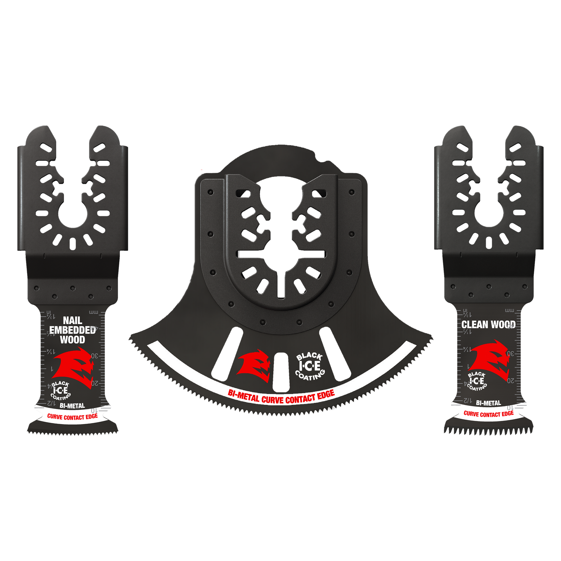 Three black bi-metal oscillating saw blades with serrated edges and universal fit connectors.