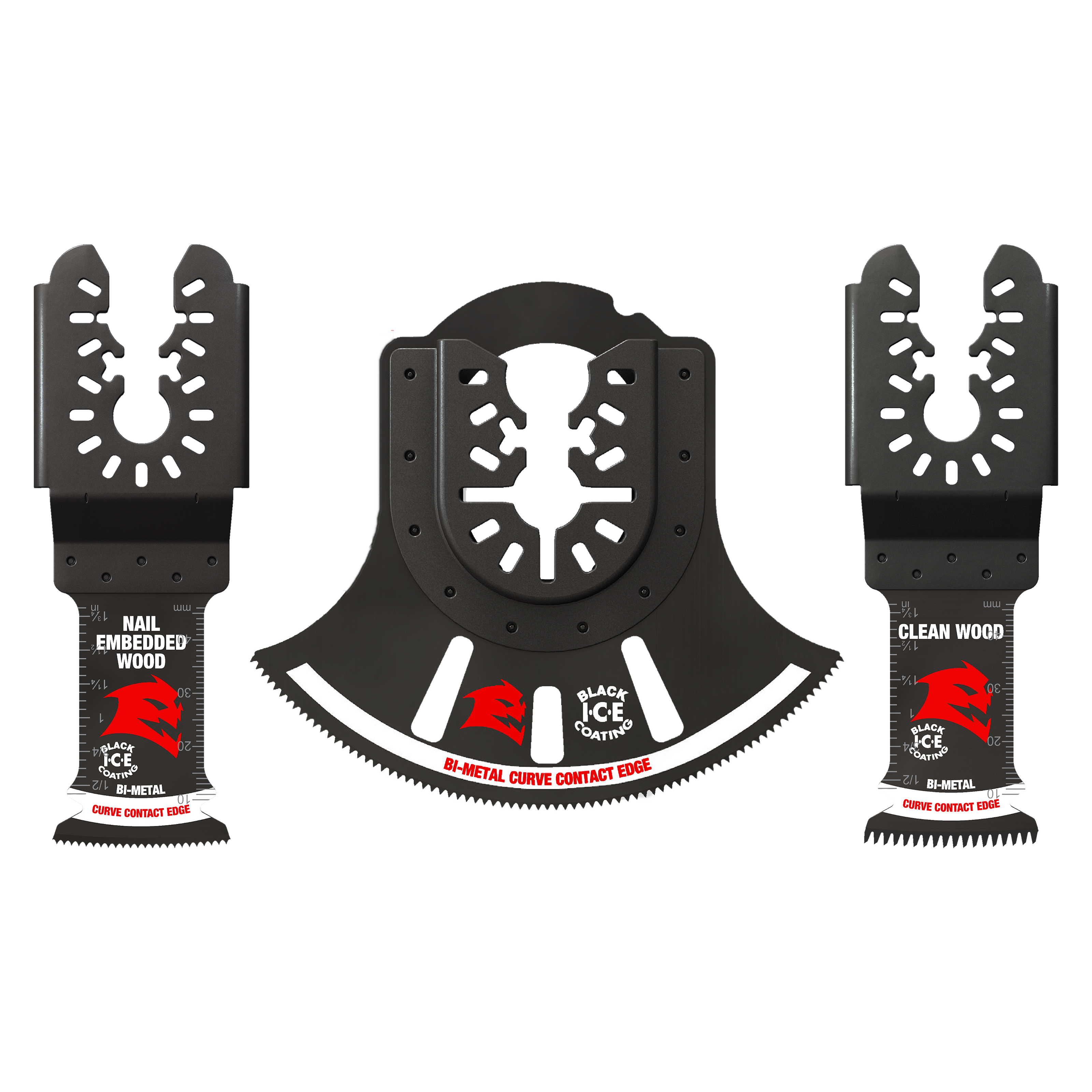 Three black bi-metal oscillating saw blades with serrated edges and universal fit connectors.