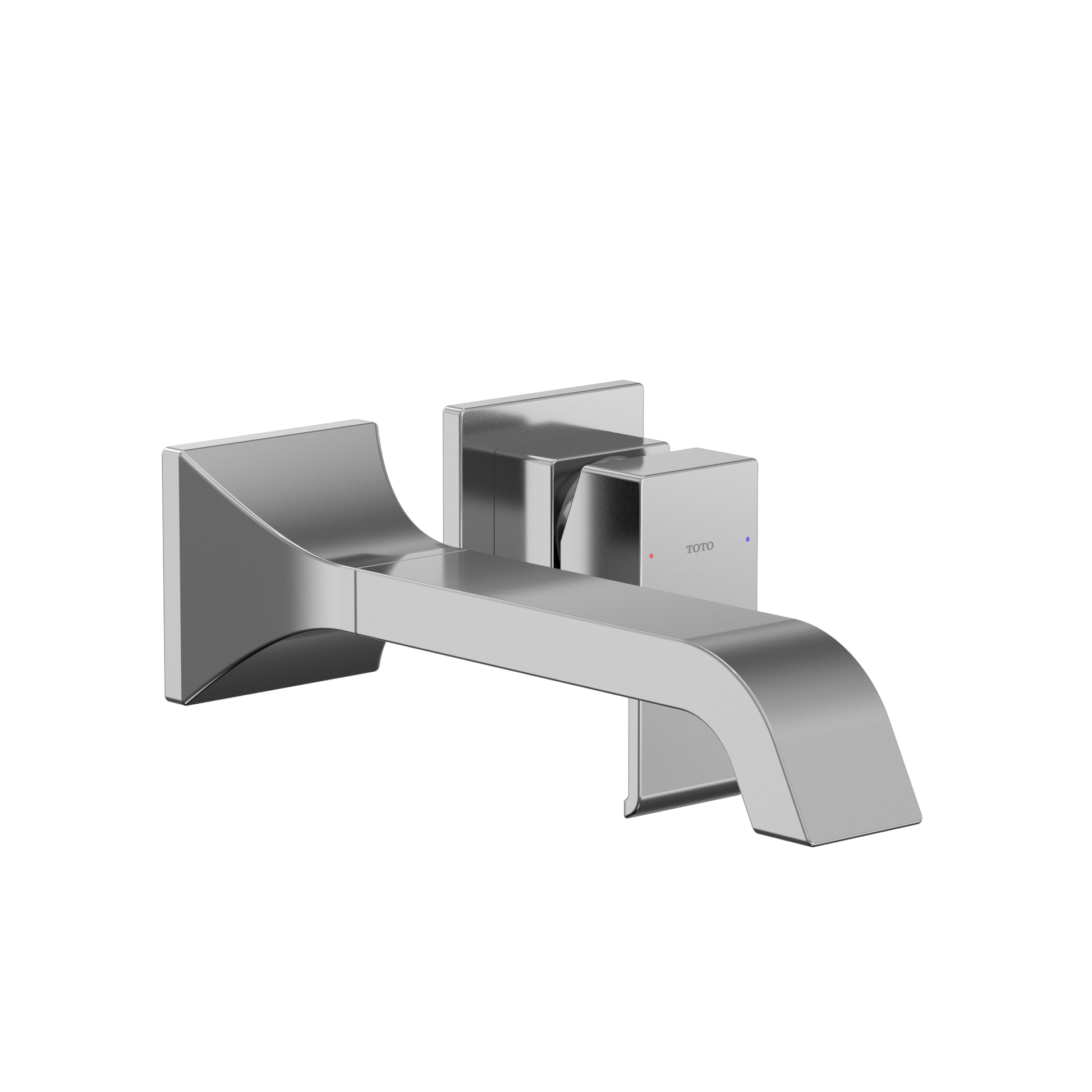 Polished chrome wall-mount bathroom faucet with single handle, curved spout, and square mounting plate.