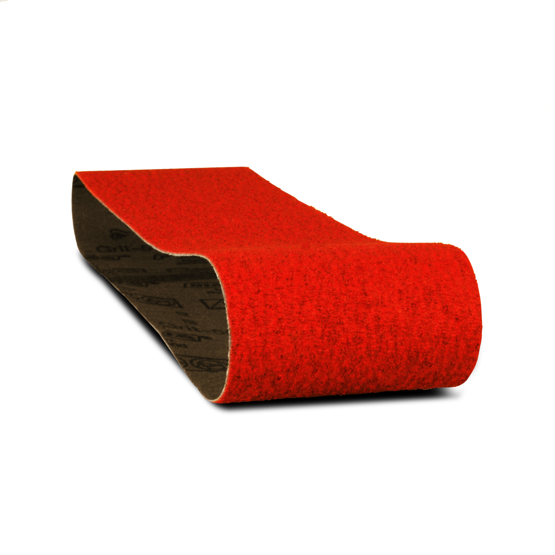 Red abrasive sanding belt with black backing, cylindrical form, 3 inches wide by 24 inches long.