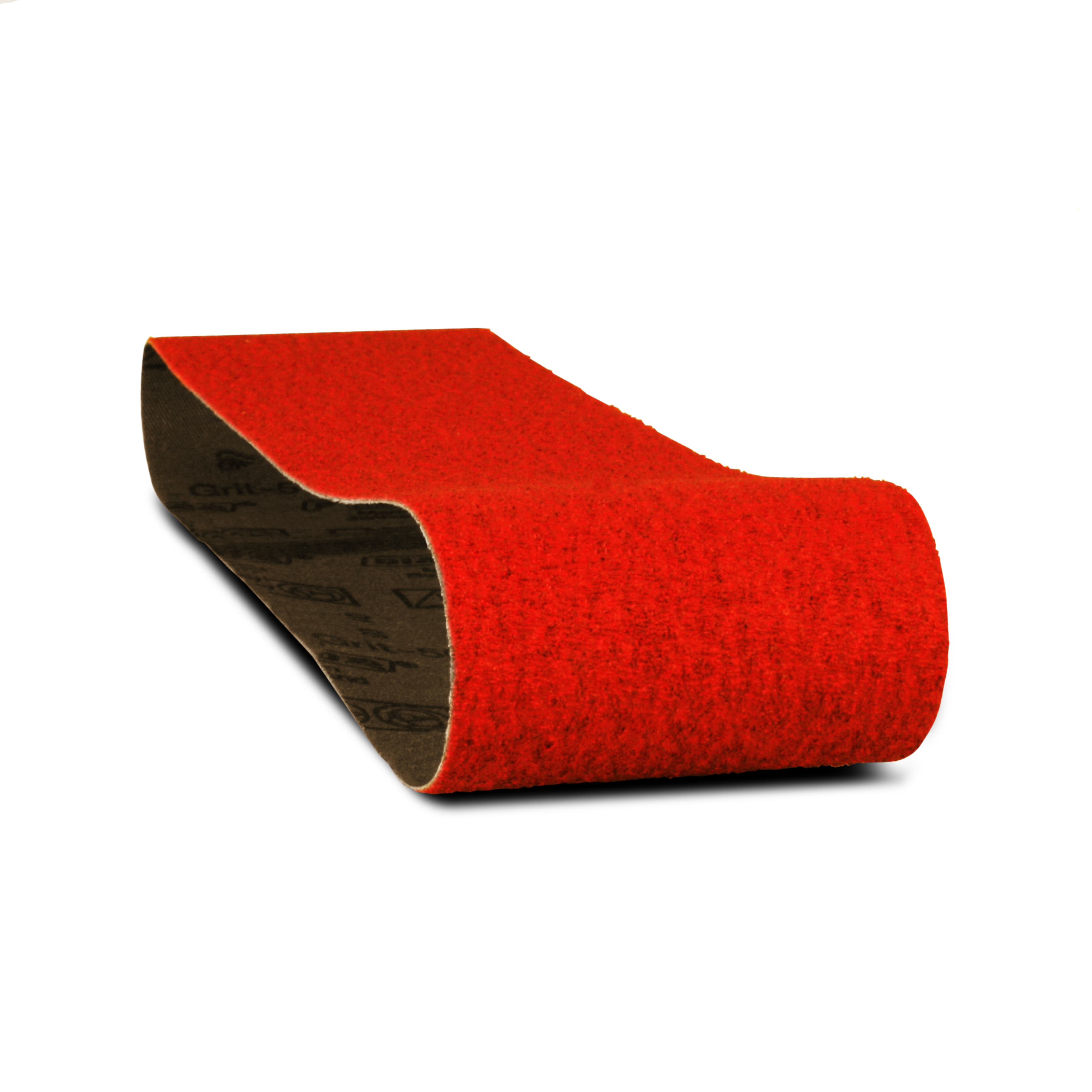 Red abrasive sanding belt with black backing, cylindrical form, 3 inches wide by 24 inches long.
