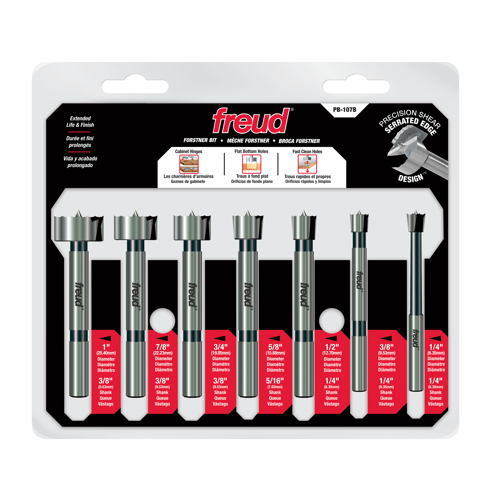 Seven Freud Forstner bits with metal shanks and cutting heads, ranging from 1/4" to 1" diameter, displayed in clear plastic p