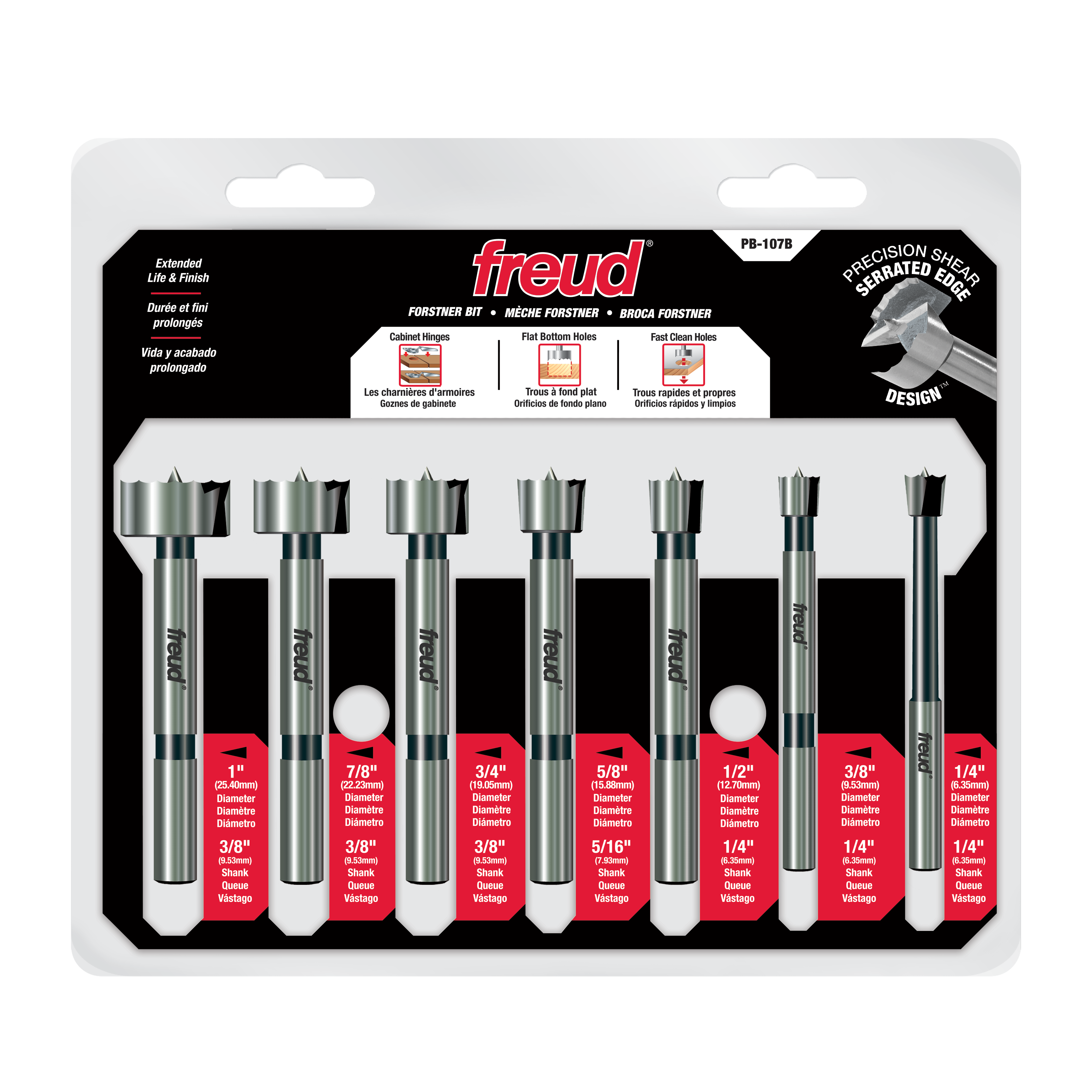 Seven Freud Forstner bits with metal shanks and cutting heads, ranging from 1/4" to 1" diameter, displayed in clear plastic p