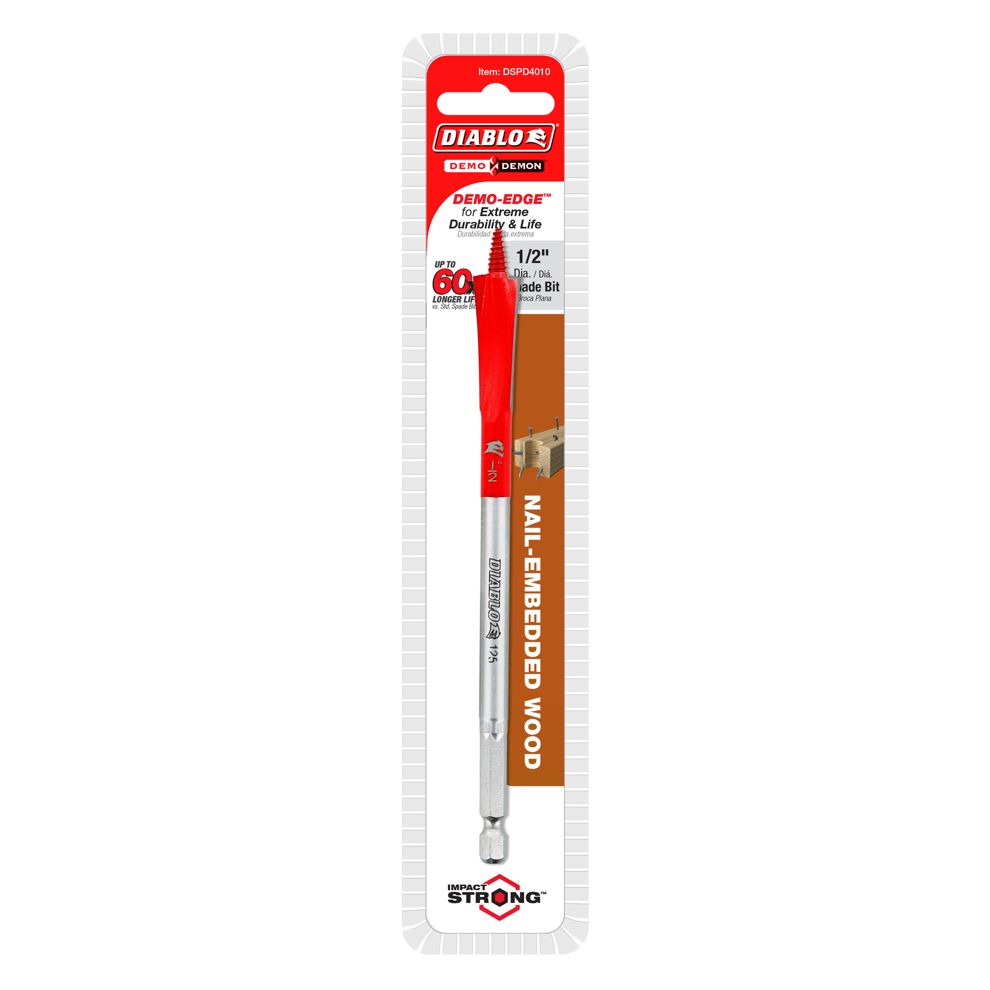 Diablo 1/2-inch spade bit with red and silver shaft in retail packaging labeled for nail-embedded wood drilling.