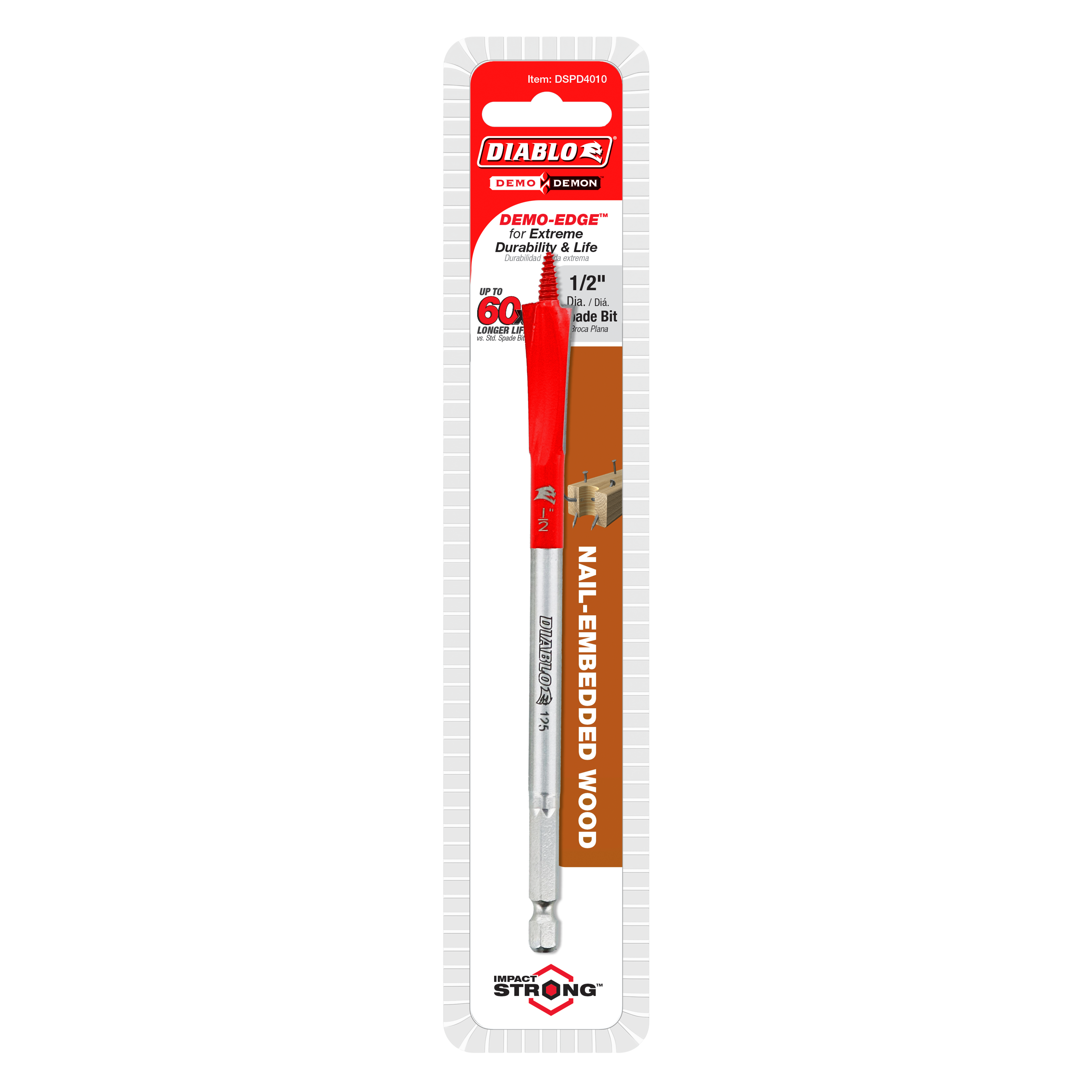Diablo 1/2-inch spade bit with red and silver shaft in retail packaging labeled for nail-embedded wood drilling.
