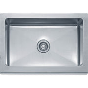 Stainless steel apron front kitchen sink with single basin and centered drain hole.
