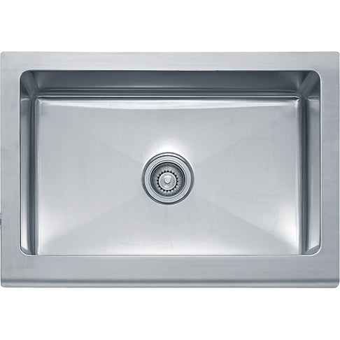 Stainless steel apron front kitchen sink with single basin and centered drain hole.