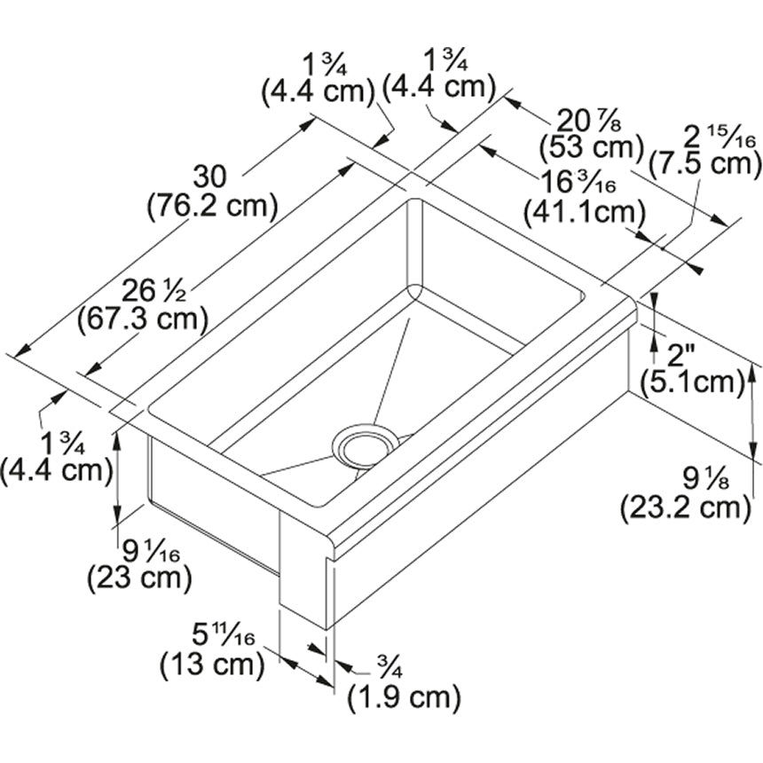 Stainless steel apron front sink with single basin and center drain shown in technical diagram with dimensions.