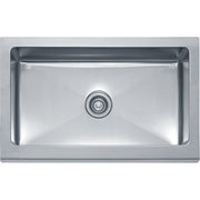Stainless steel apron front sink with single basin and chrome drain strainer.