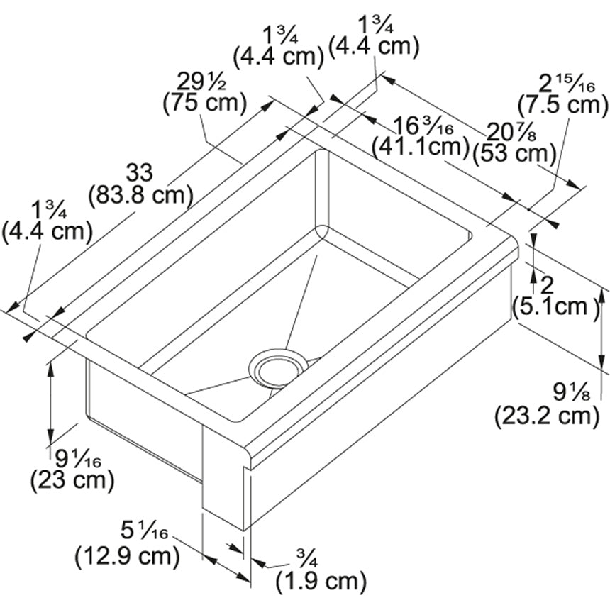 Technical drawing of single-bowl apron front stainless steel sink with dimensions labeled in inches and centimeters.