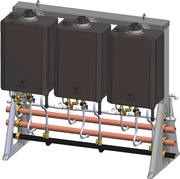 Three dark brown tankless water heater units mounted on metal rack frame with copper piping and brass fittings.