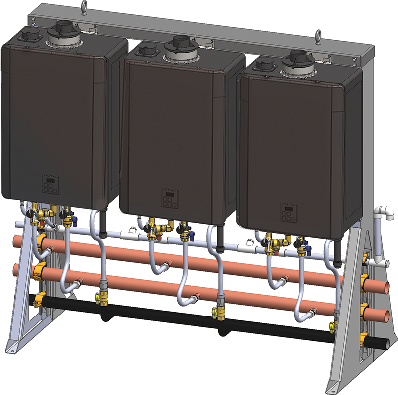 Three dark brown tankless water heater units mounted on metal rack frame with copper piping and brass fittings.