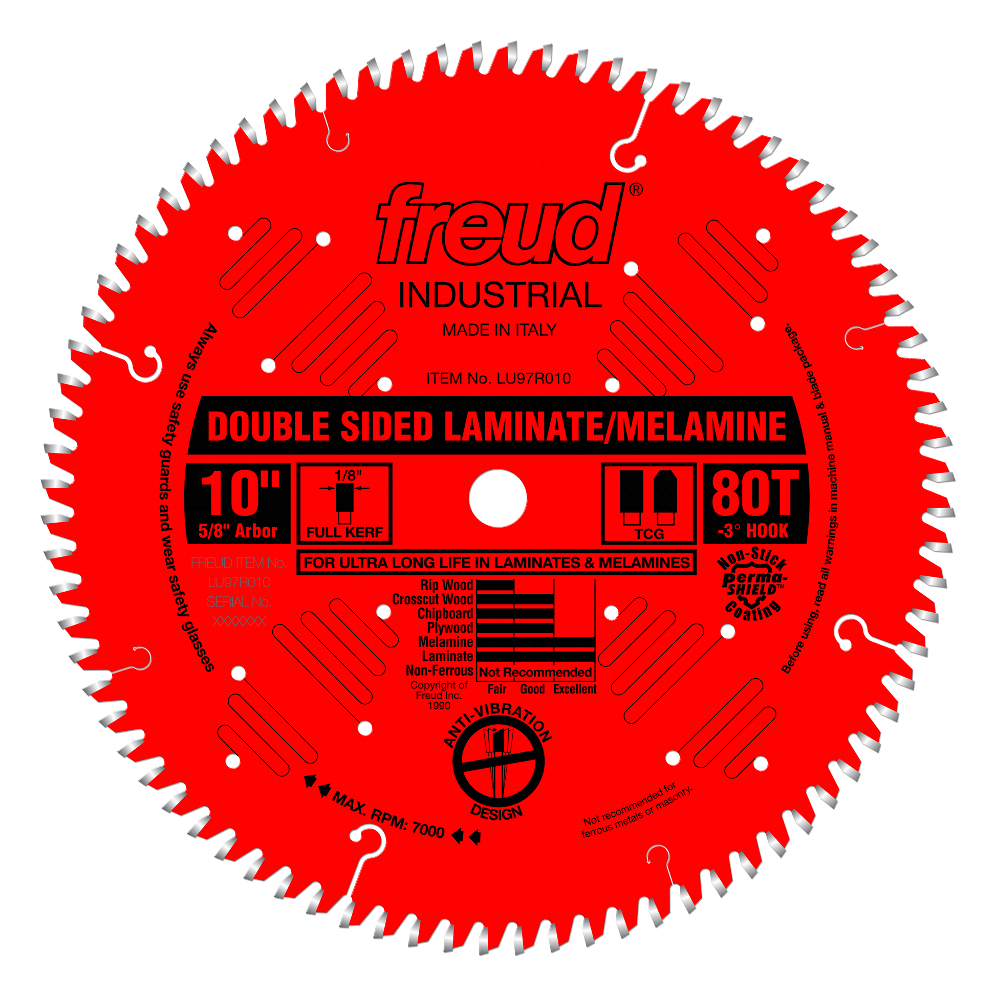 Red circular saw blade with white teeth and center hole, labeled "Freud Industrial" with "Double Sided Laminate/Melamine" and