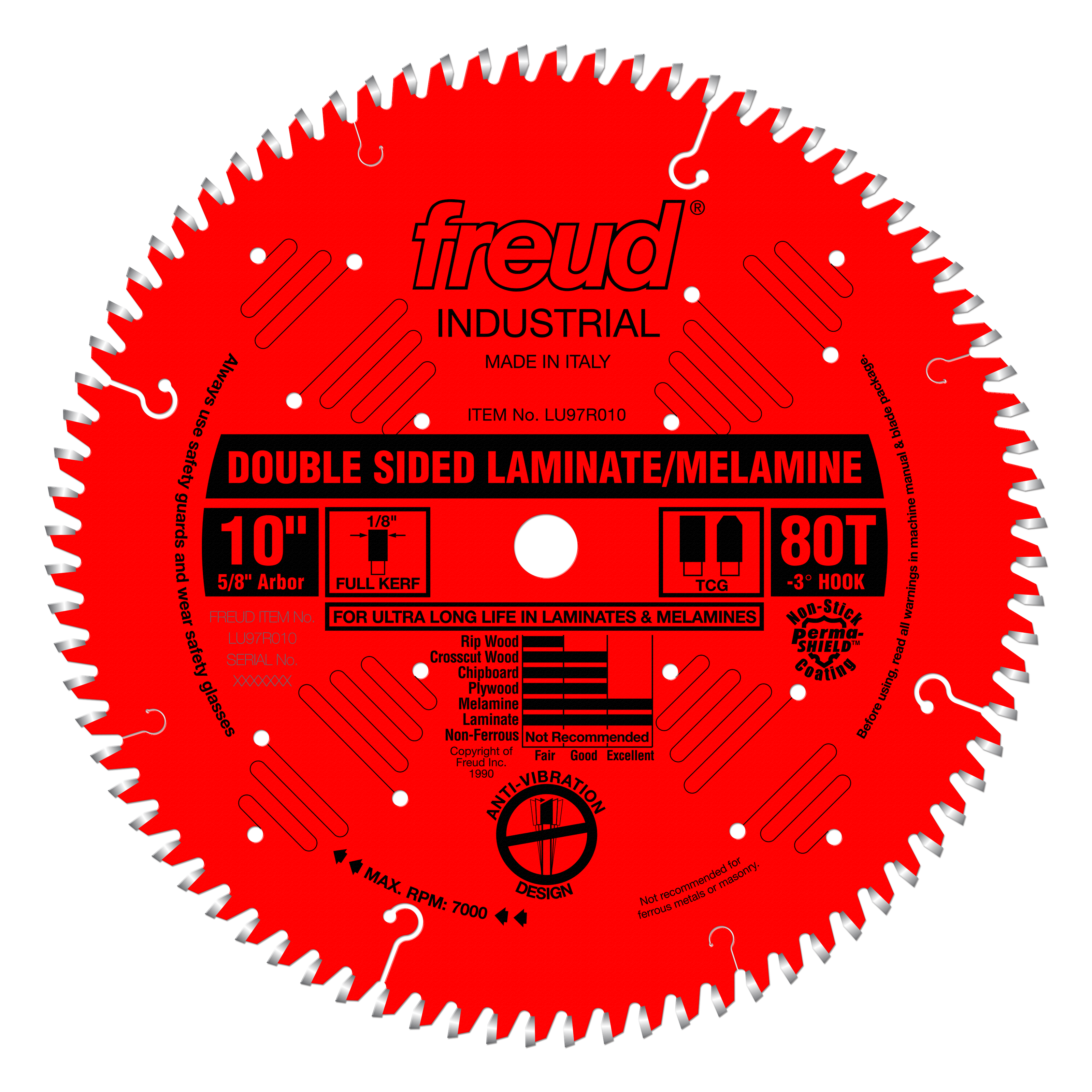 Red circular saw blade with white teeth and center hole, labeled "Freud Industrial" with "Double Sided Laminate/Melamine" and