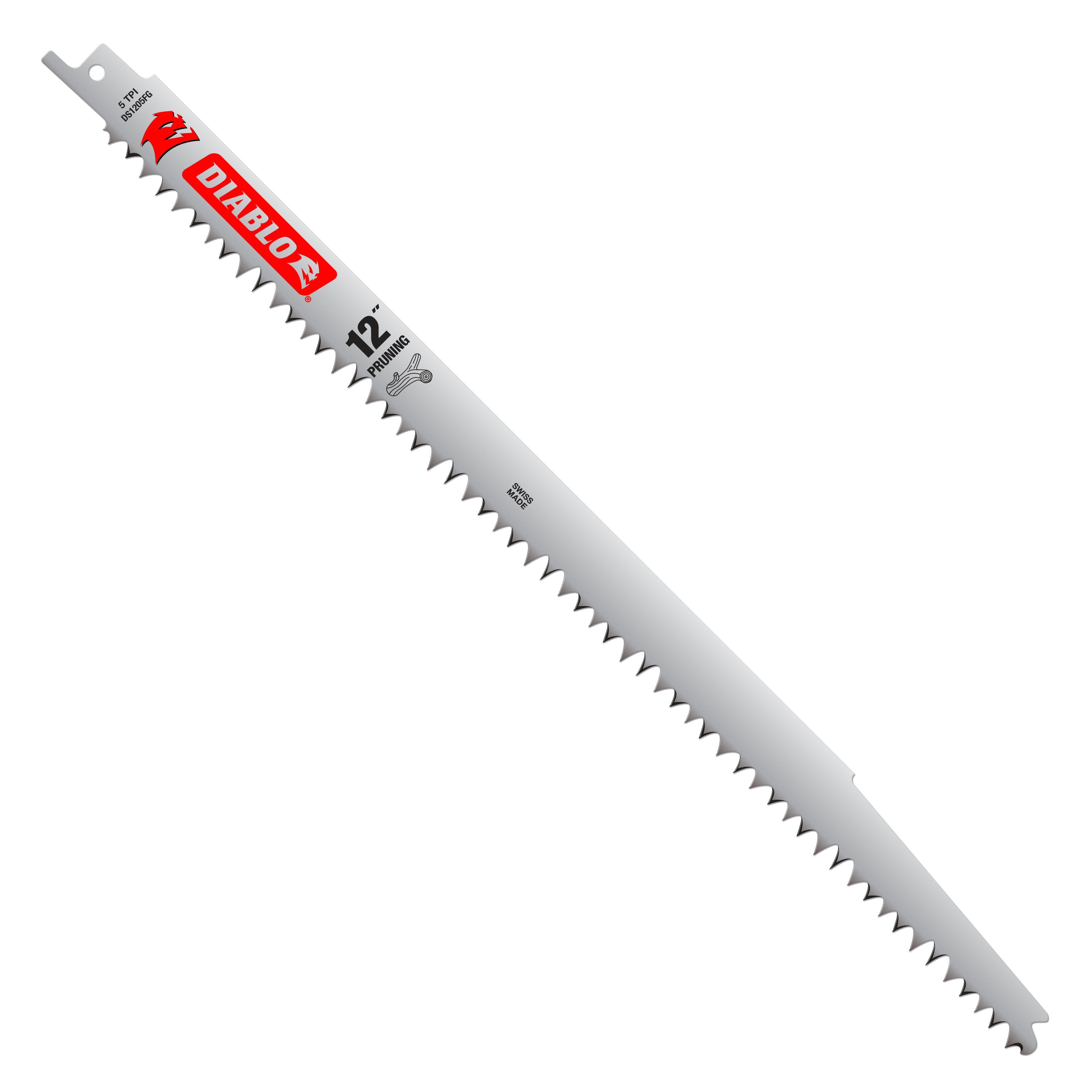 Diablo 12-inch reciprocating saw blade with gray body, red band, and serrated cutting edge for pruning.