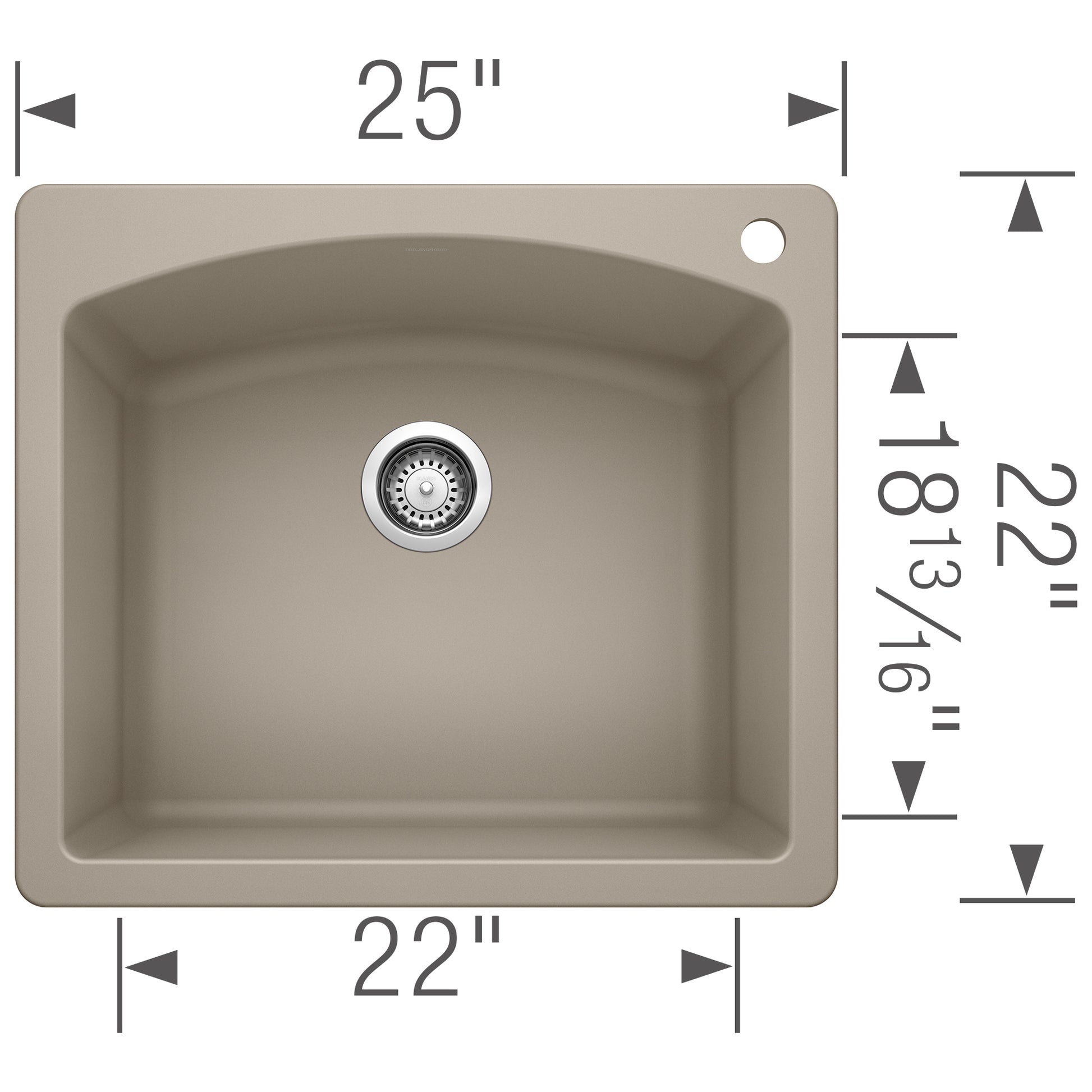 Truffle-colored single bowl drop-in sink with rounded corners, chrome drain, and faucet hole, measuring 25" x 22" top.