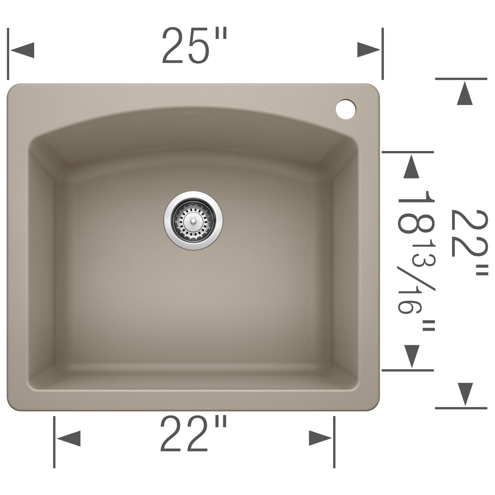 Truffle-colored single bowl drop-in sink with rounded corners, chrome drain, and faucet hole, measuring 25" x 22" top.