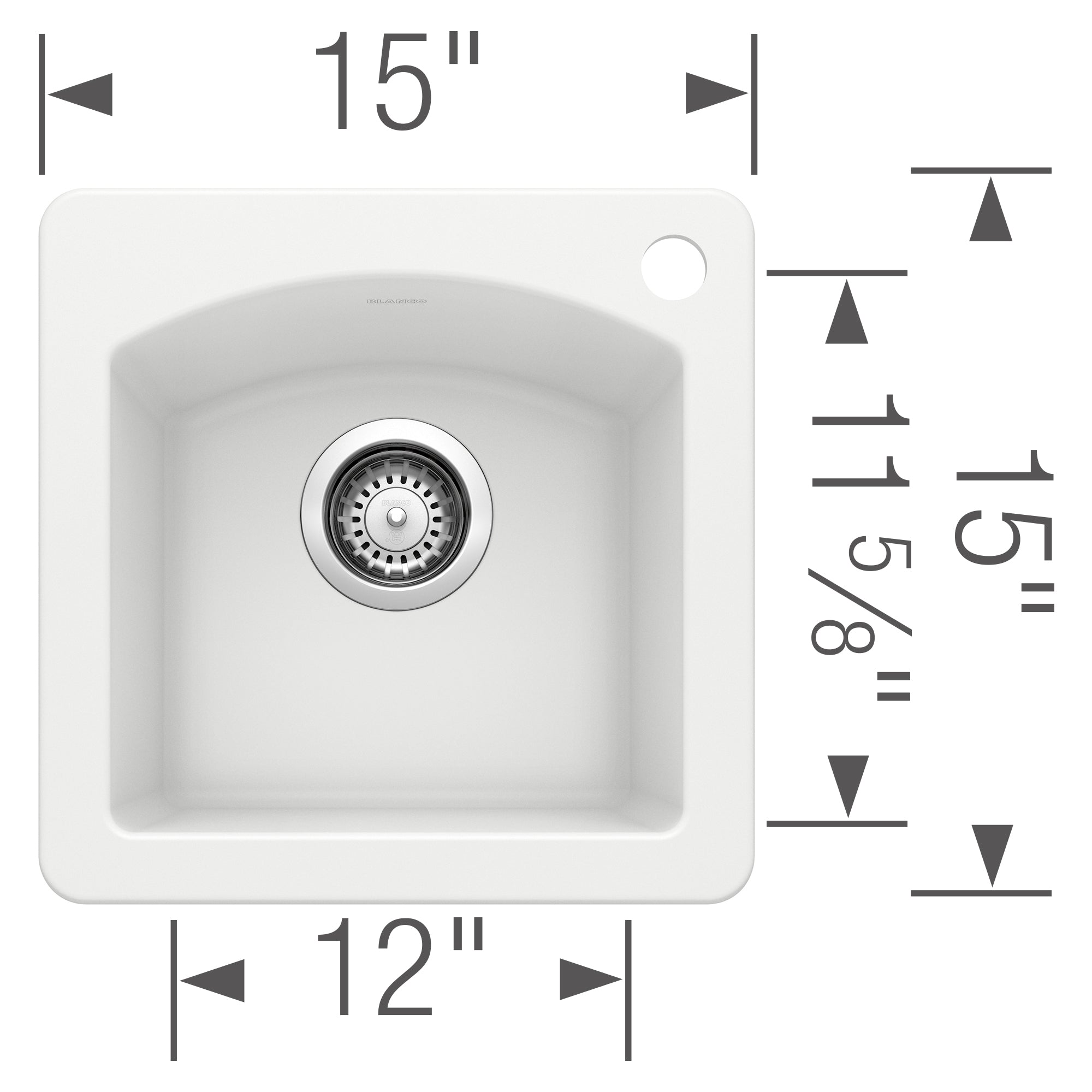 White drop-in kitchen sink with single bowl, chrome drain strainer, and rounded corners, shown with dimensions.