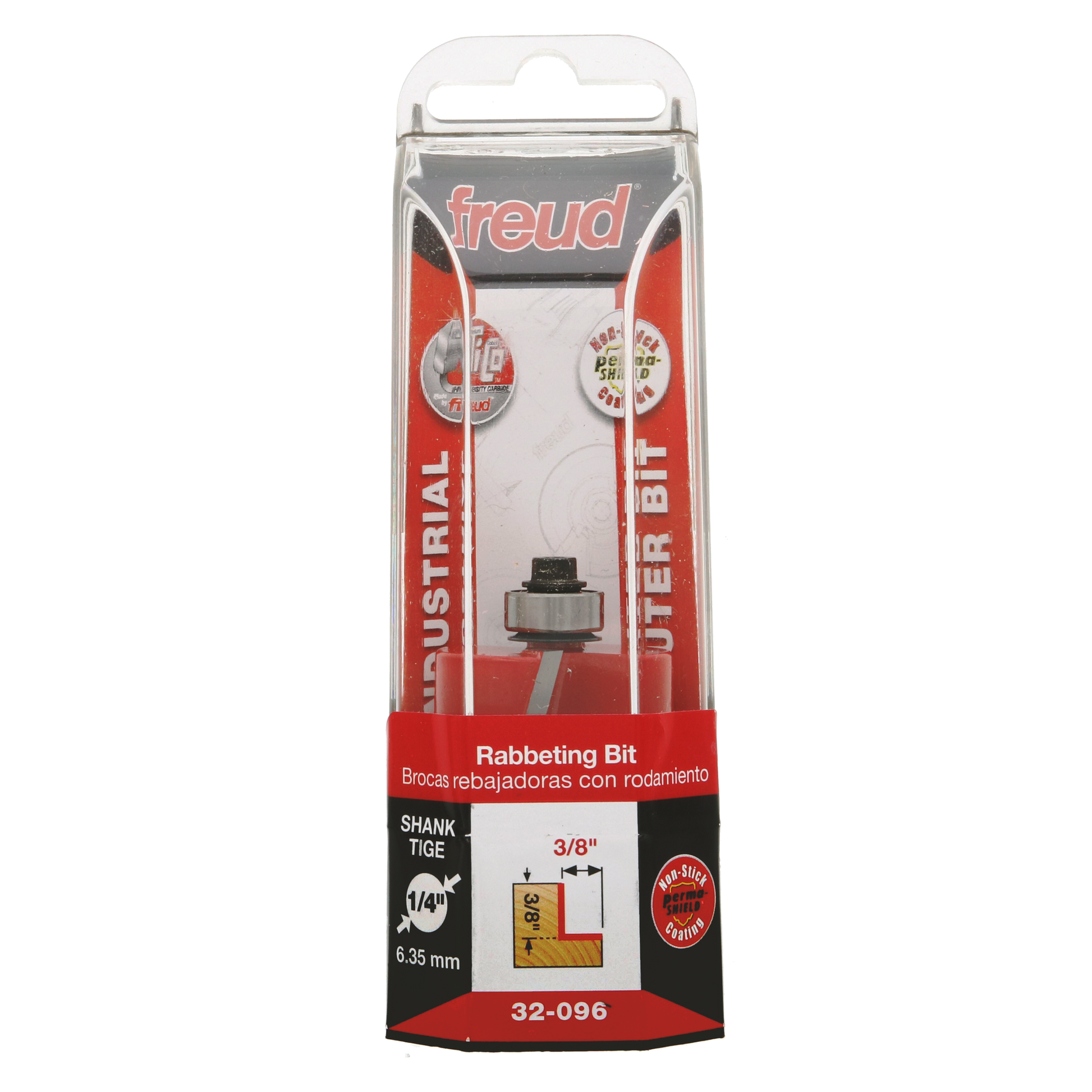 Freud rabbeting bit with cylindrical cutting head and 1/4" shank in clear plastic packaging labeled 32-096.