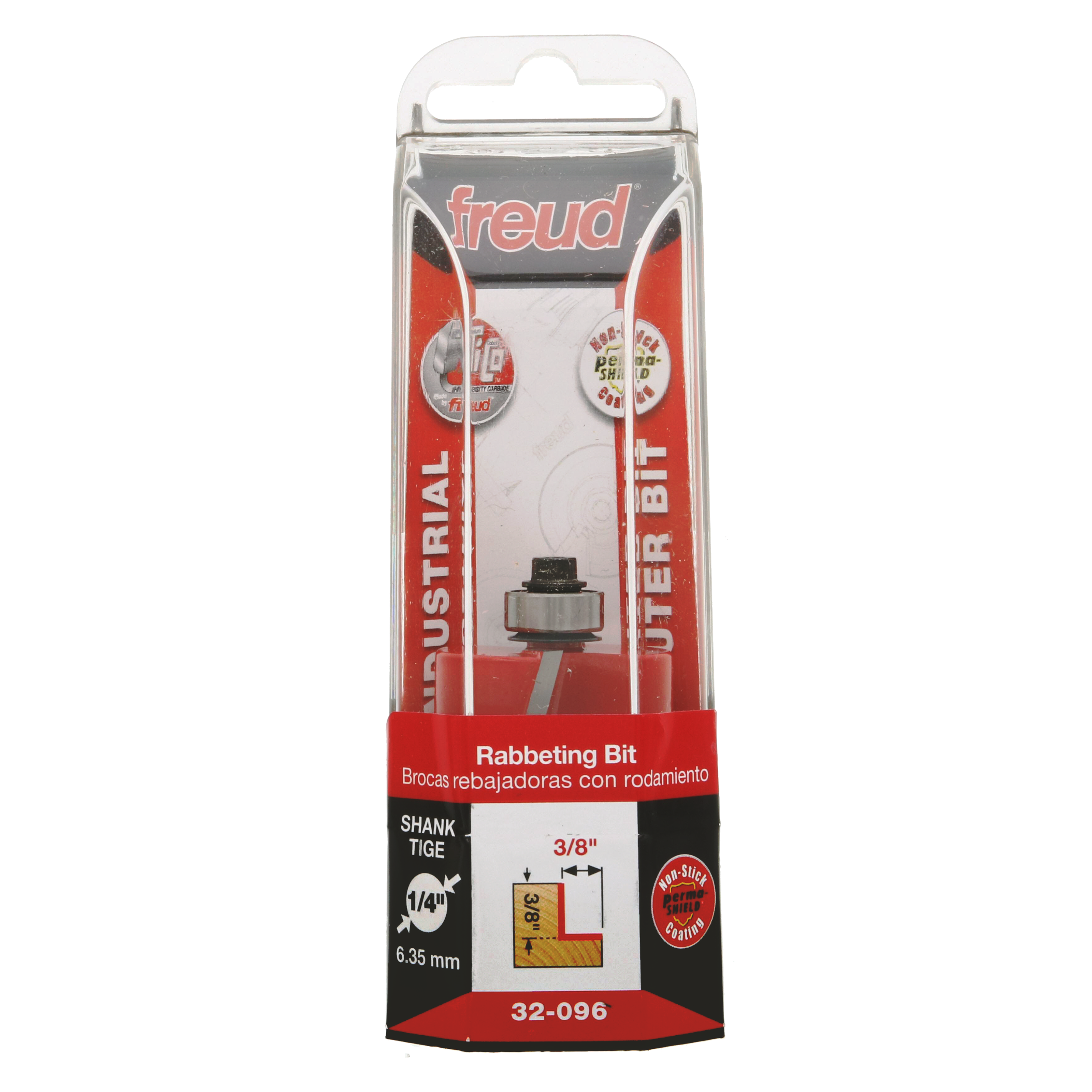 Freud rabbeting bit with cylindrical cutting head and 1/4" shank in clear plastic packaging labeled 32-096.
