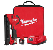 Red and black Milwaukee M12 cable stapler kit with carrying case, battery, and charger.