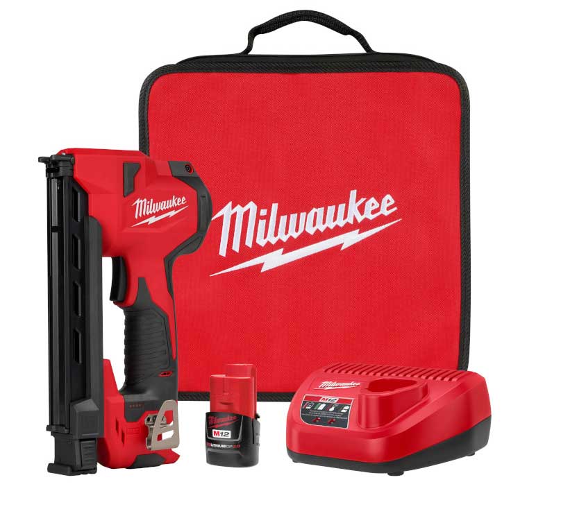 Red and black Milwaukee M12 cable stapler kit with carrying case, battery, and charger.