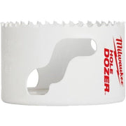 White bi-metal hole saw with serrated cutting edge and Milwaukee HOLE DOZER branding on the side.