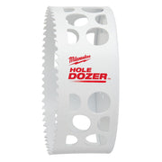 Milwaukee 4-inch white bi-metal hole saw with serrated cutting edge and circular ventilation holes.