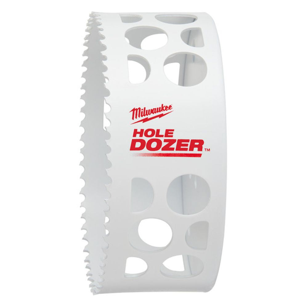 Milwaukee Hole Dozer white cylindrical hole saw with serrated cutting edge and multiple openings.