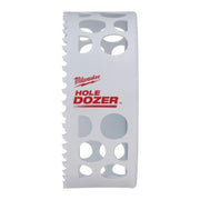Milwaukee HOLE DOZER bi-metal hole saw with serrated cutting edges and multiple sized circular openings along gray cylindrica