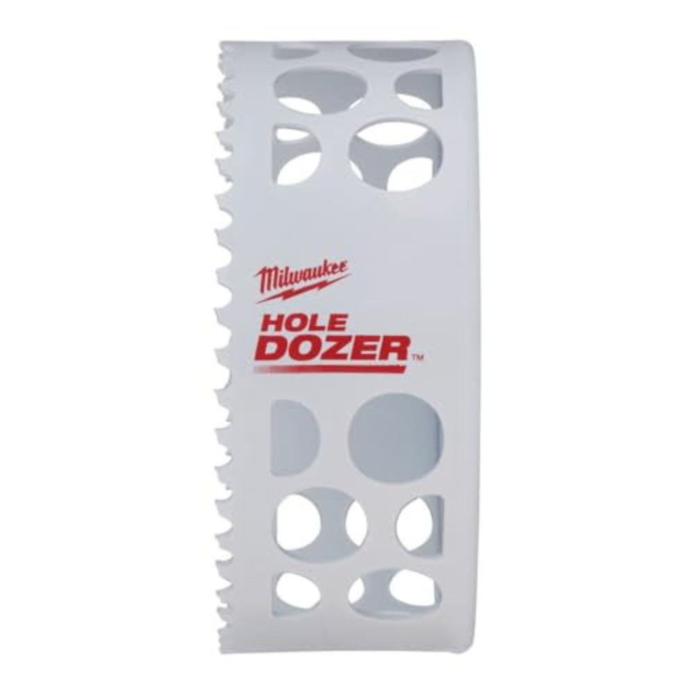 Milwaukee HOLE DOZER bi-metal hole saw with serrated cutting edges and multiple sized circular openings along gray cylindrica
