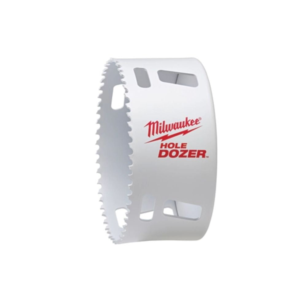 Milwaukee HOLE DOZER 6" bi-metal hole saw with serrated cutting edge and ventilation slots.