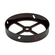 Black metal recessed light hole saw with serrated cutting edge and cross-brace internal support structure.