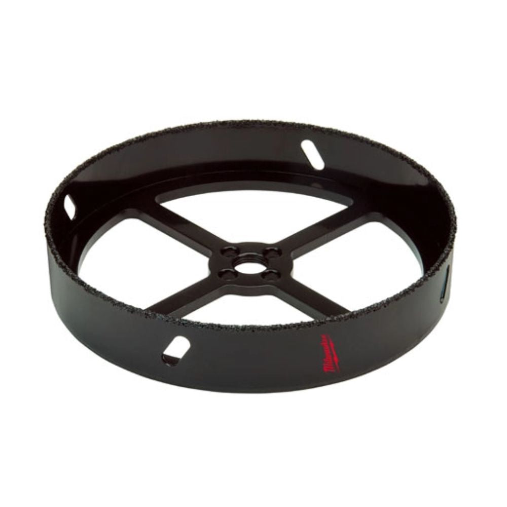 Black metal recessed light hole saw with serrated cutting edge and cross-brace internal support structure.