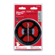 Milwaukee recessed light hole saw with black cutting wheel and center arbor on red packaging card.