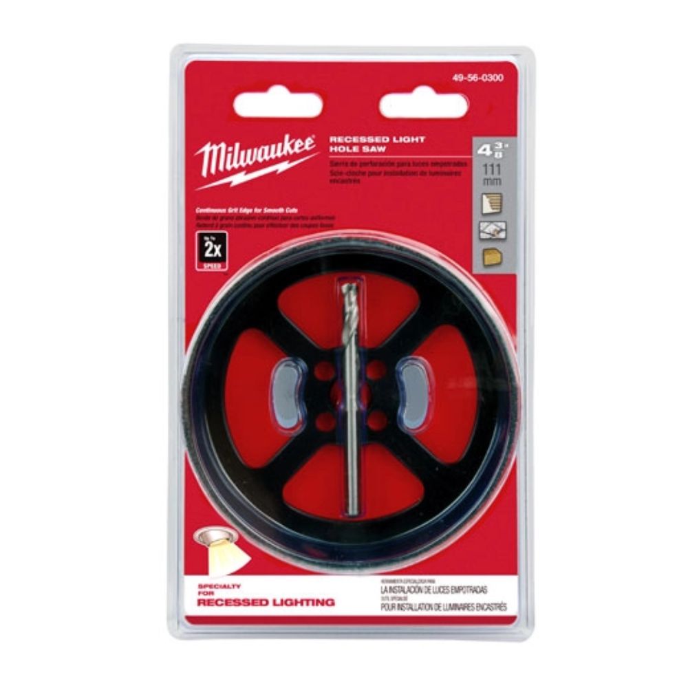 Milwaukee recessed light hole saw with black cutting wheel and center arbor on red packaging card.
