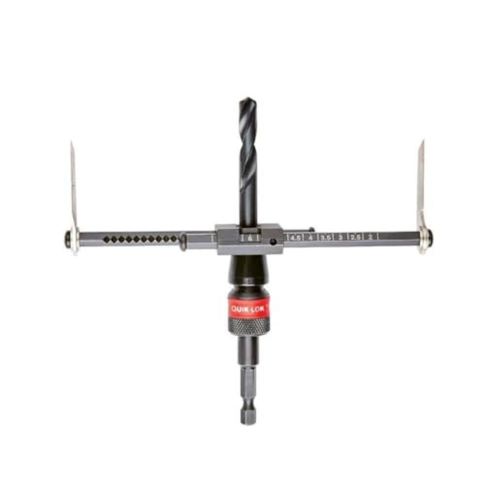 Milwaukee adjustable hole cutter with black twist drill bit, red quick-lock chuck, and horizontal measurement scale with side